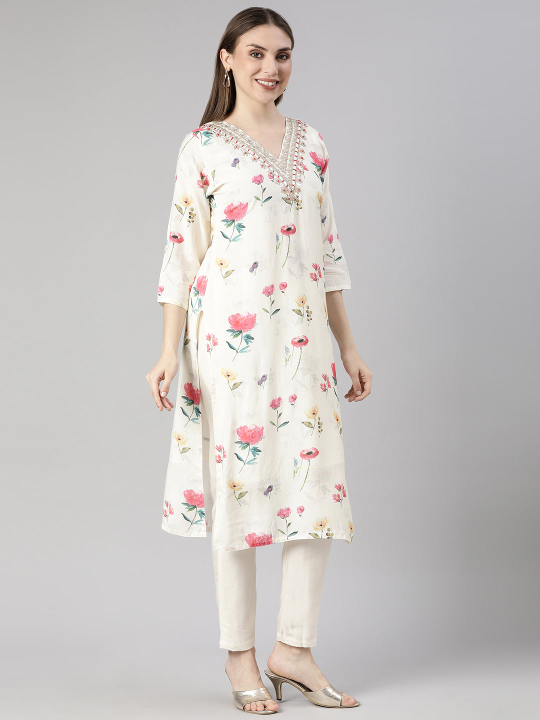 Neerus White printed floral suit set straight kurta with trouser and dupatta - back view