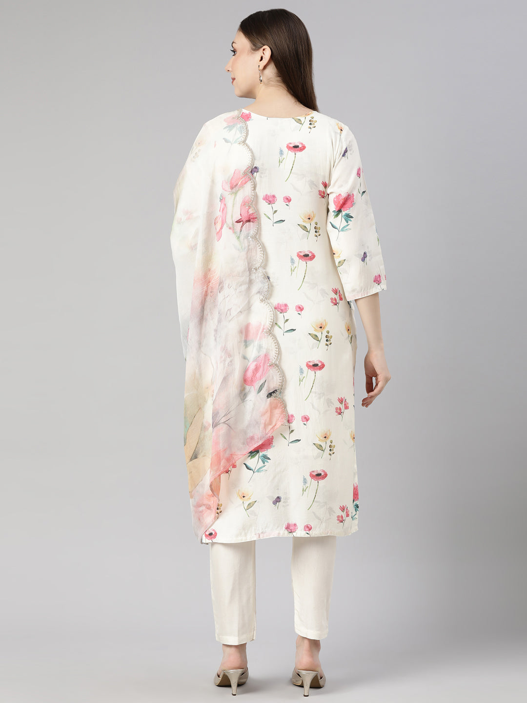 Neerus White printed floral suit set straight kurta with trouser and dupatta - side view
