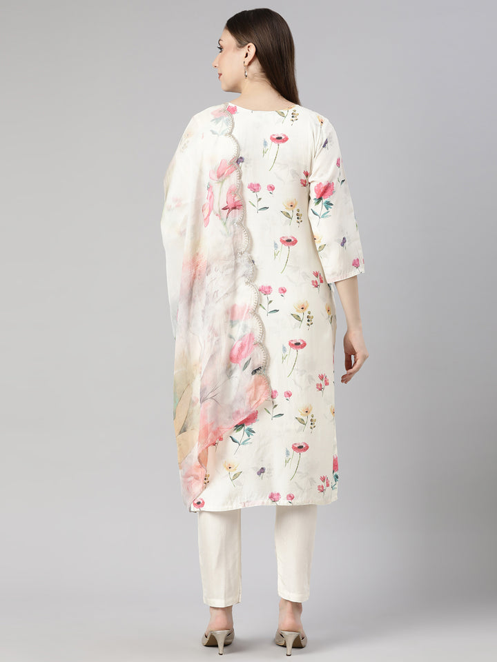 Neerus White printed floral suit set straight kurta with trouser and dupatta - side view
