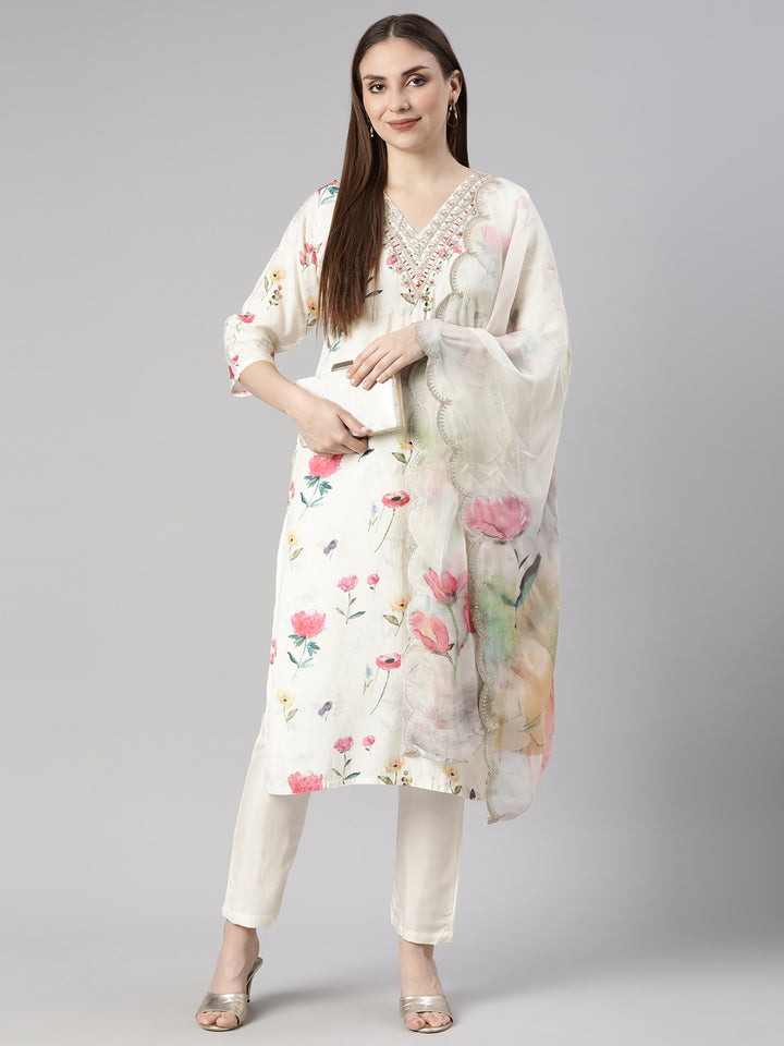 Neerus White printed floral suit set straight kurta with trouser and dupatta - detail view 1