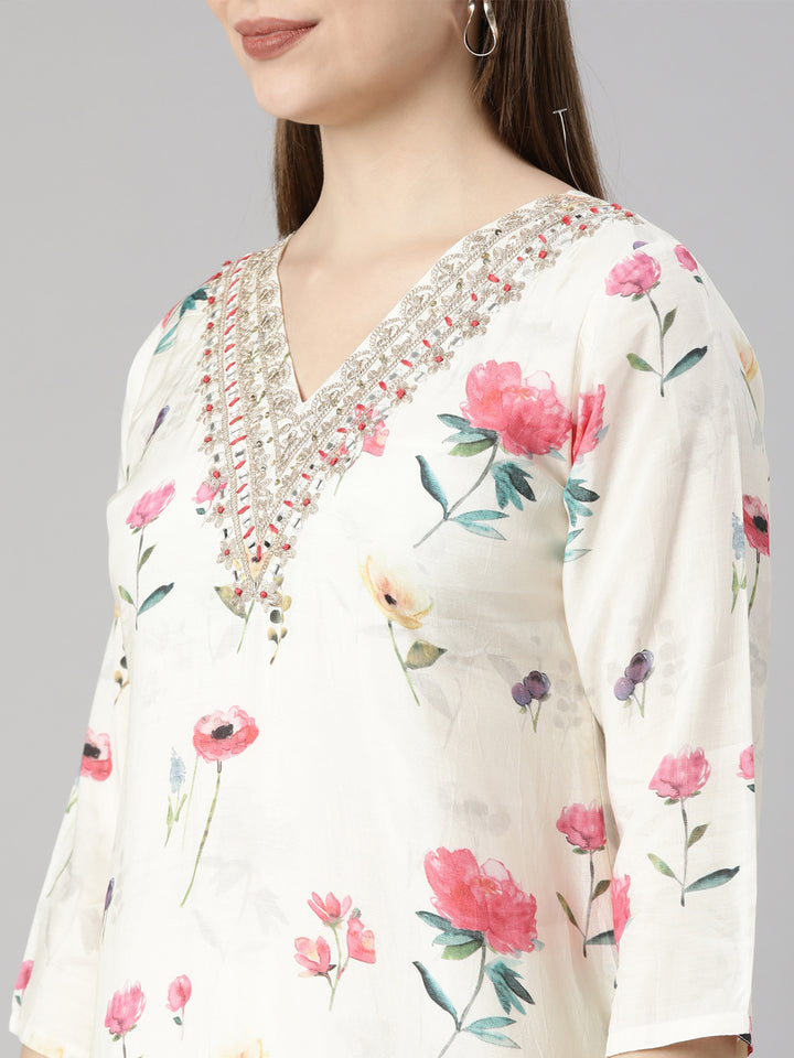 Neerus White printed floral suit set straight kurta with trouser and dupatta - detail view 4
