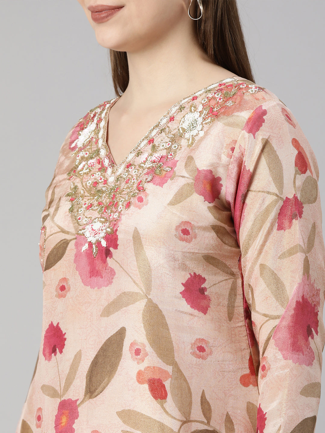 Neerus Peach Regular Straight Floral Kurta And  Trousers With Dupatta