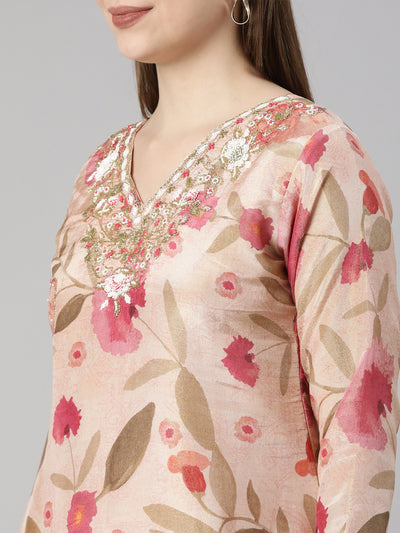 Neerus Peach Regular Straight Floral Kurta And  Trousers With Dupatta