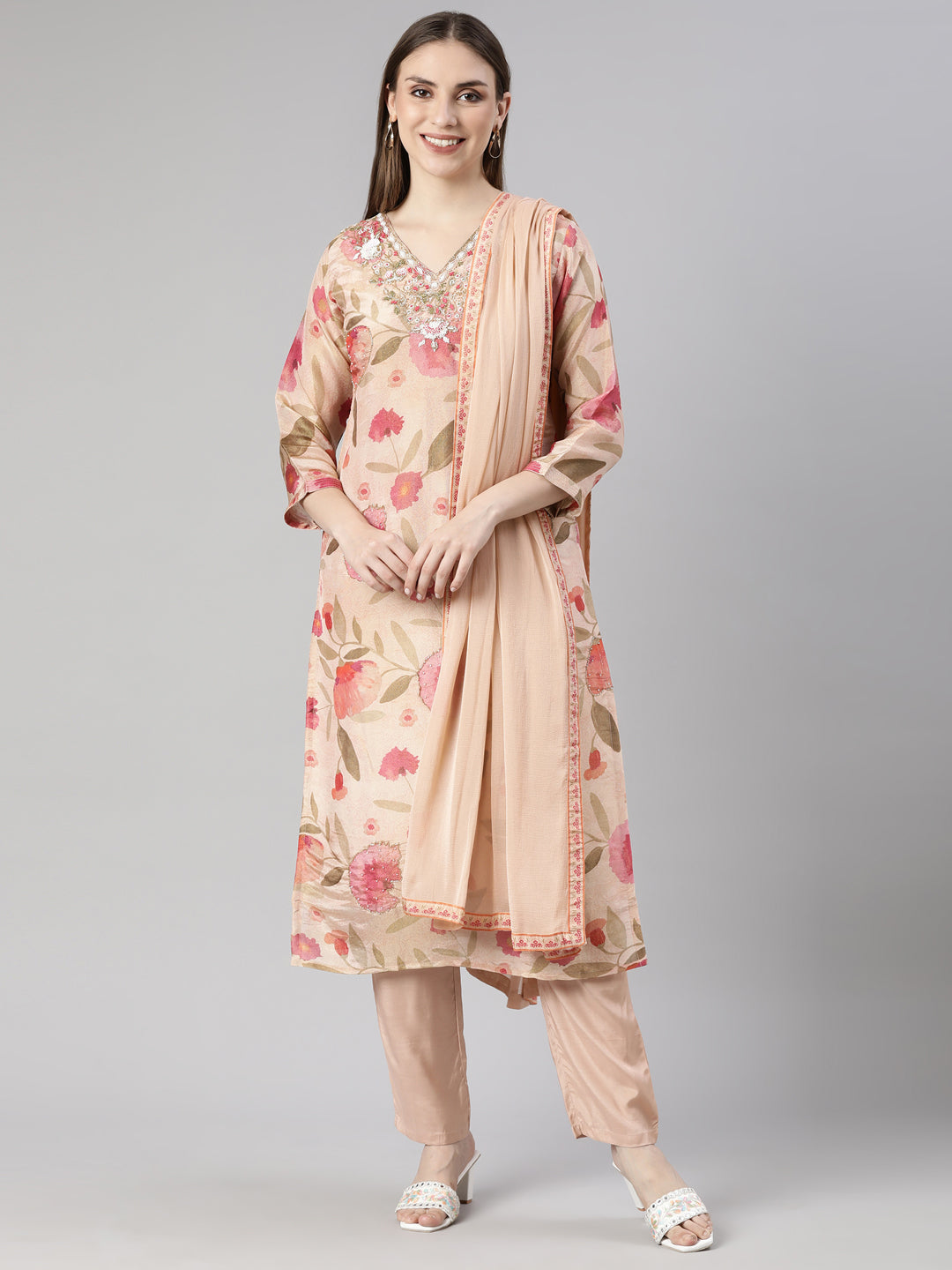 Neerus Peach Regular Straight Floral Kurta And  Trousers With Dupatta