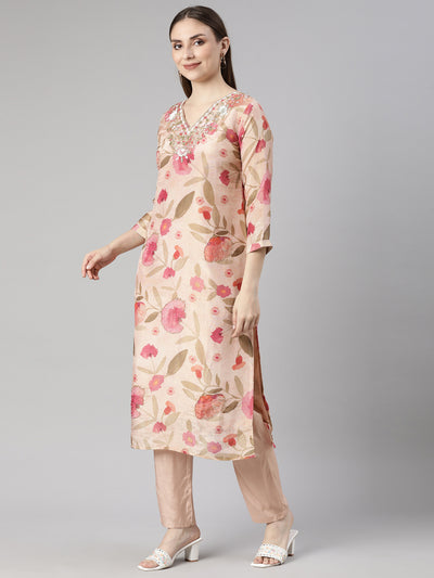 Neerus Peach Regular Straight Floral Kurta And  Trousers With Dupatta