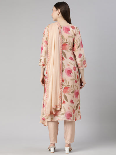 Neerus Peach Regular Straight Floral Kurta And  Trousers With Dupatta