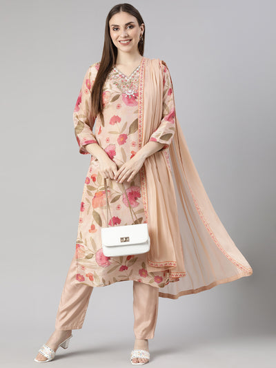 Neerus Peach Regular Straight Floral Kurta And  Trousers With Dupatta