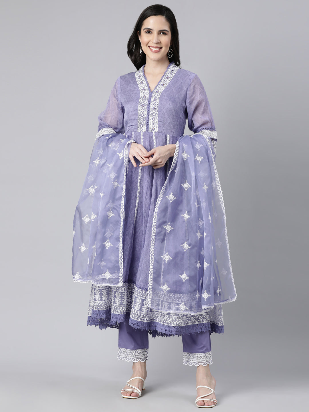 Neerus Blue printed floral straight suit set - front view