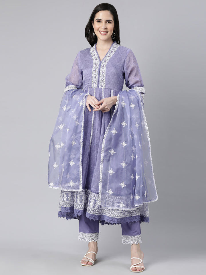 Neerus Blue printed floral straight suit set - front view