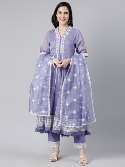 Neerus Blue Regular Straight Floral Kurta And  Trousers With Dupatta