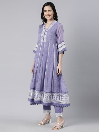 Neerus Blue Regular Straight Floral Kurta And  Trousers With Dupatta