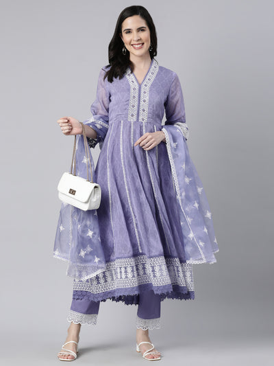 Neerus Blue Regular Straight Floral Kurta And  Trousers With Dupatta