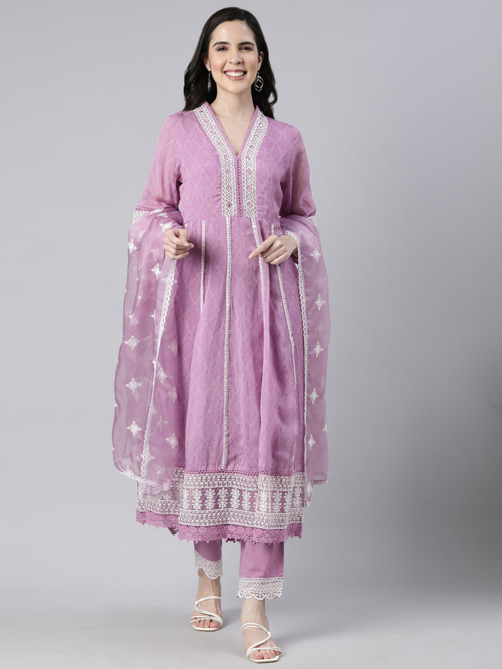 Neerus Lavender Regular Straight Floral Kurta And Trousers With Dupatta