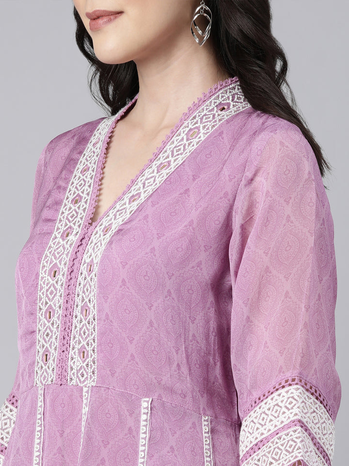 Neerus Lavender Regular Straight Floral Kurta And Trousers With Dupatta