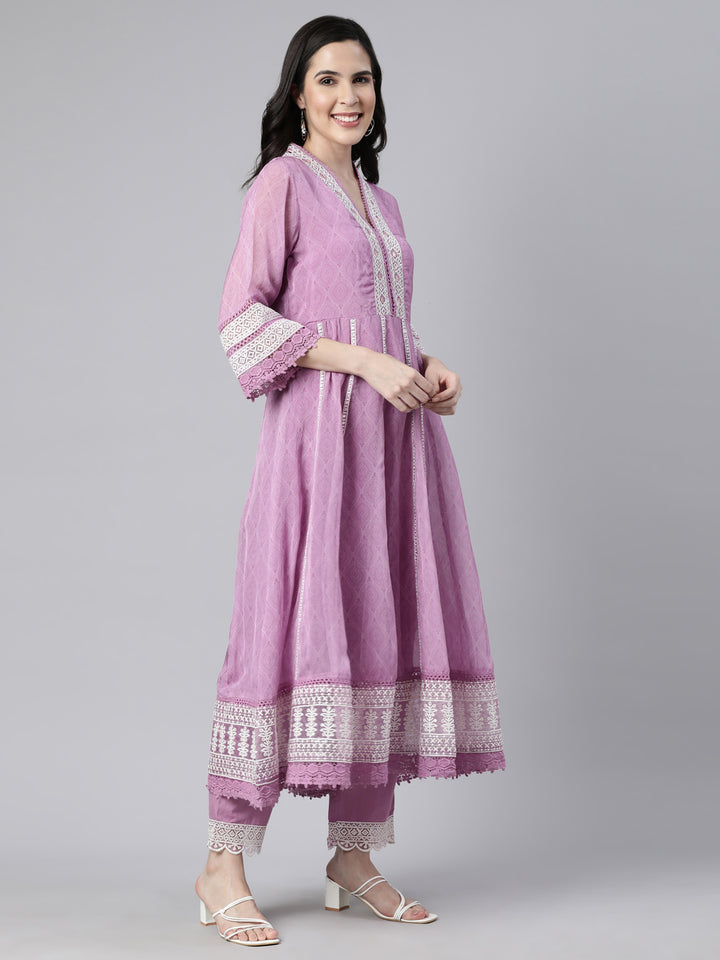 Neerus Lavender Regular Straight Floral Kurta And Trousers With Dupatta