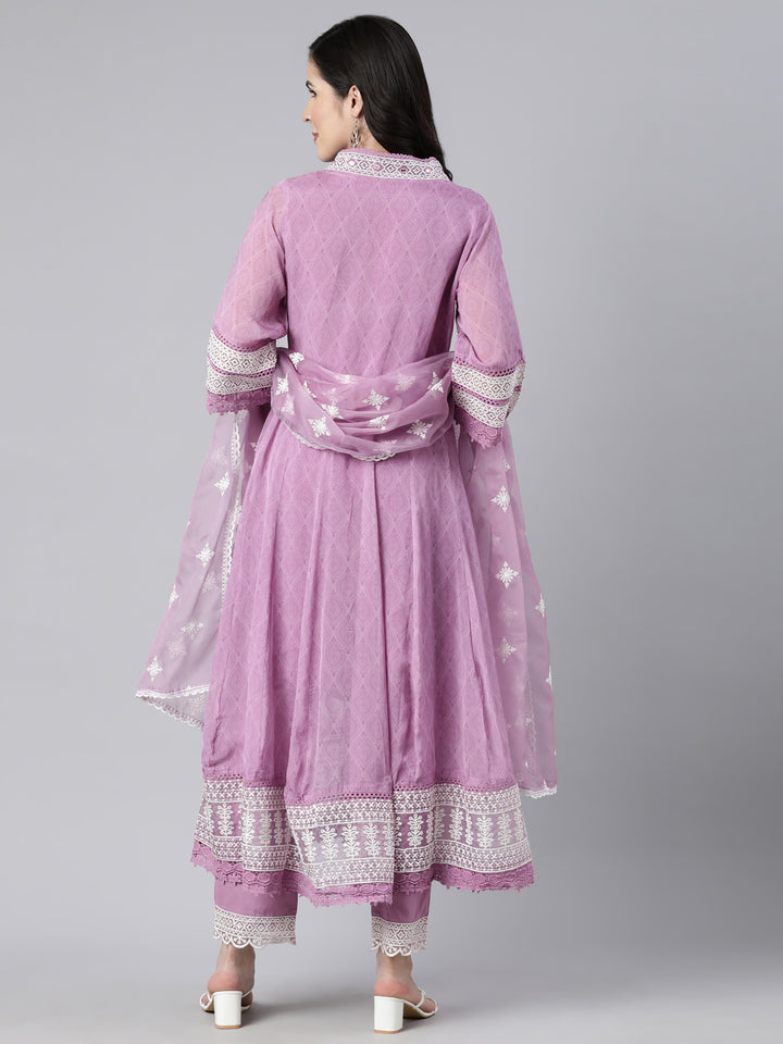 Neerus Lavender Regular Straight Floral Kurta And Trousers With Dupatta