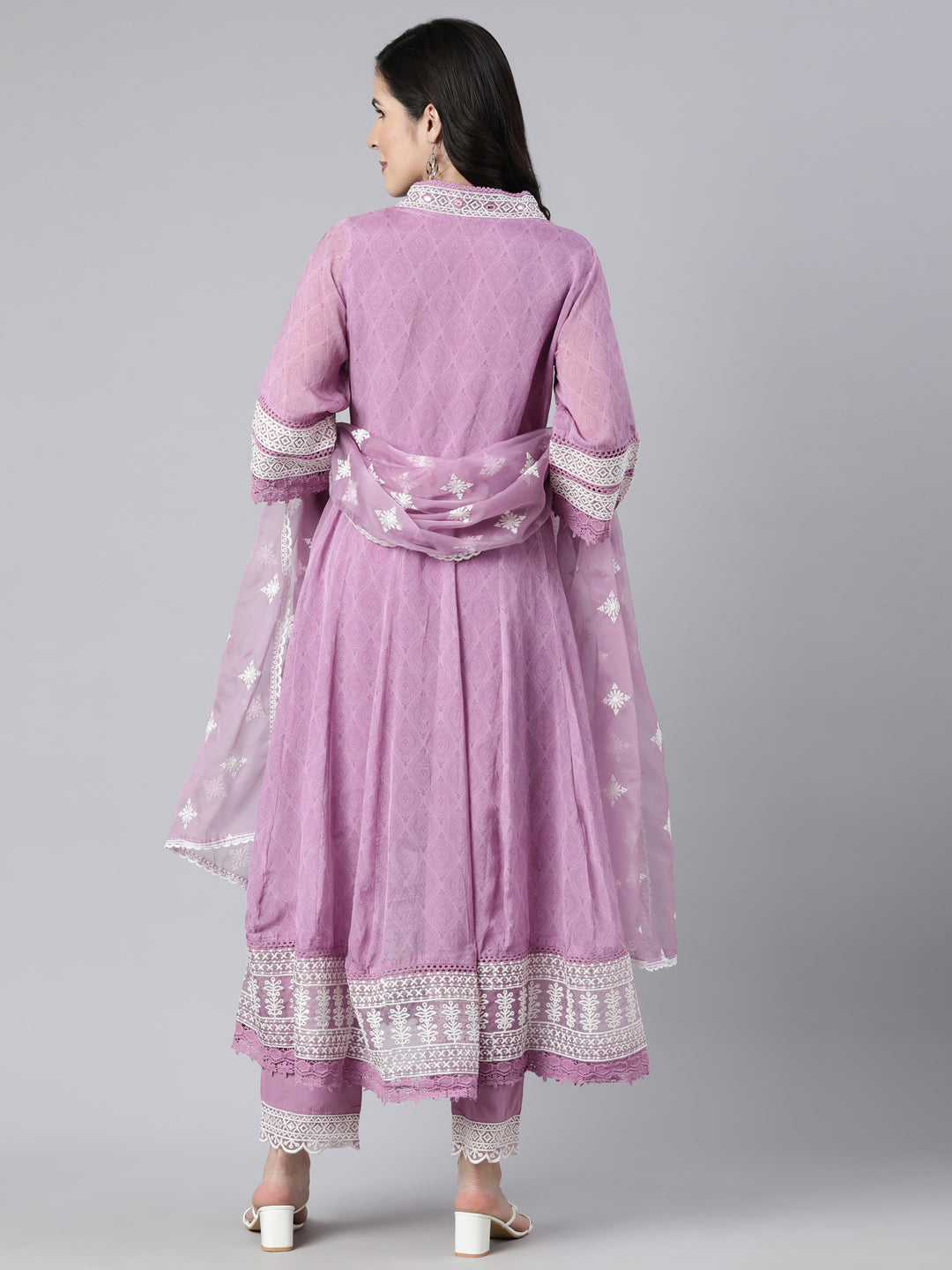 Neerus Lavender Regular Straight Floral Kurta And Trousers With Dupatta