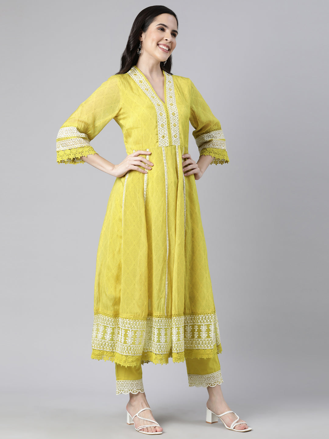 Neerus Green Regular Straight Floral Kurta And  Trousers With Dupatta
