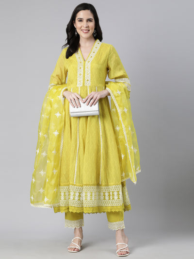Neerus Green Regular Straight Floral Kurta And  Trousers With Dupatta