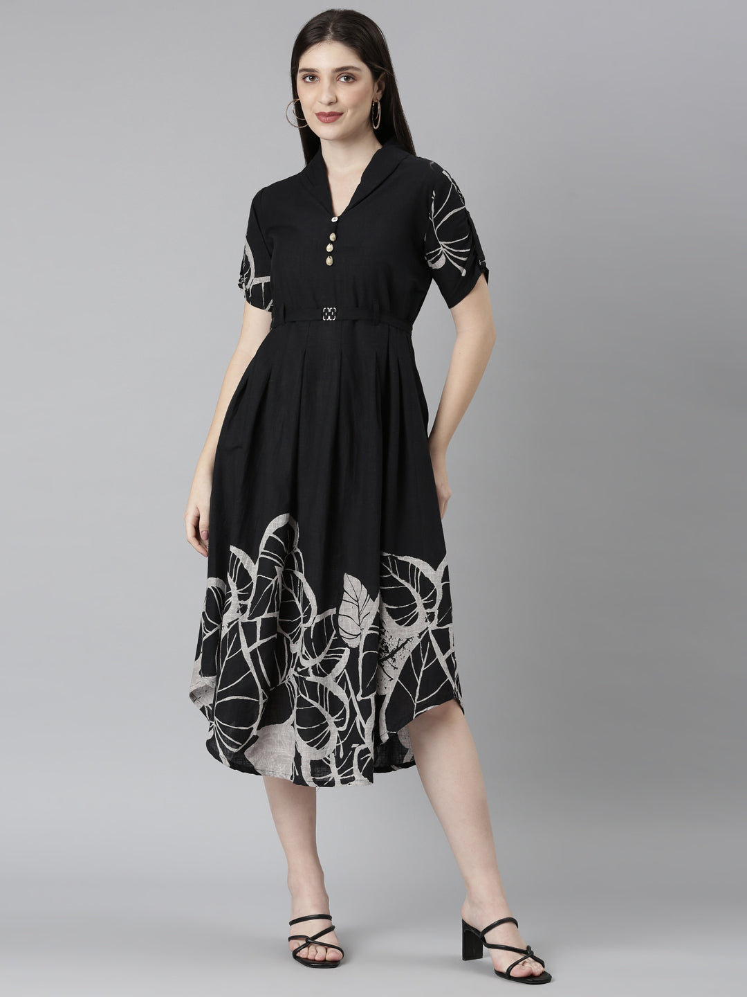 Neerus Black printed straight kurti ethnic wear - front view