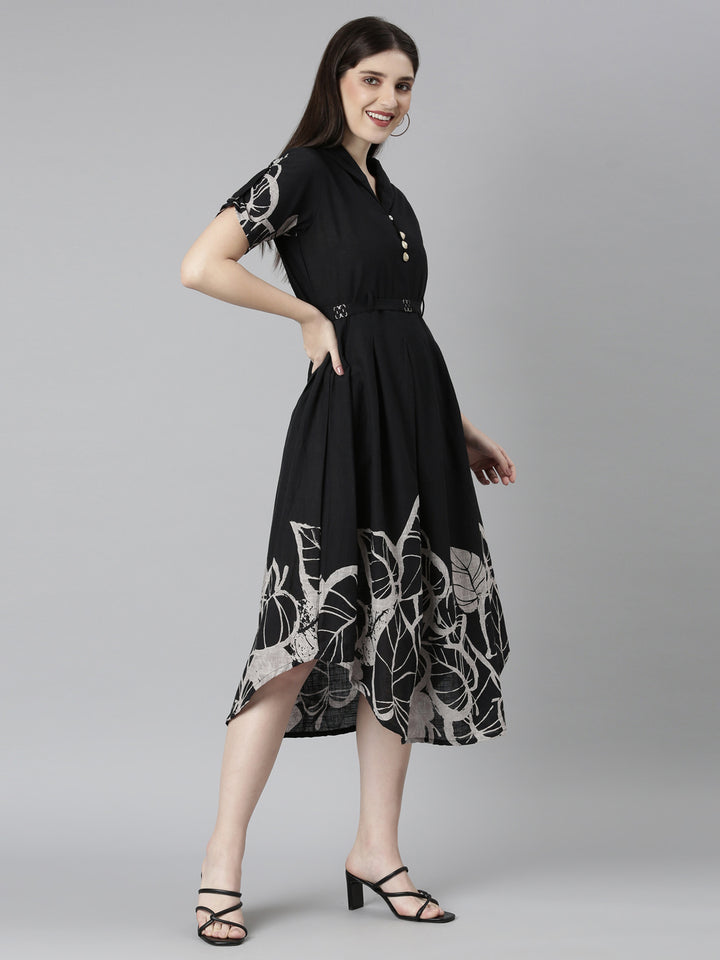 Neerus Black printed straight kurti ethnic wear - back view