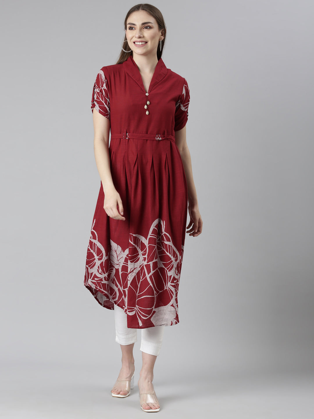 Neerus Maroon printed straight kurti - front view
