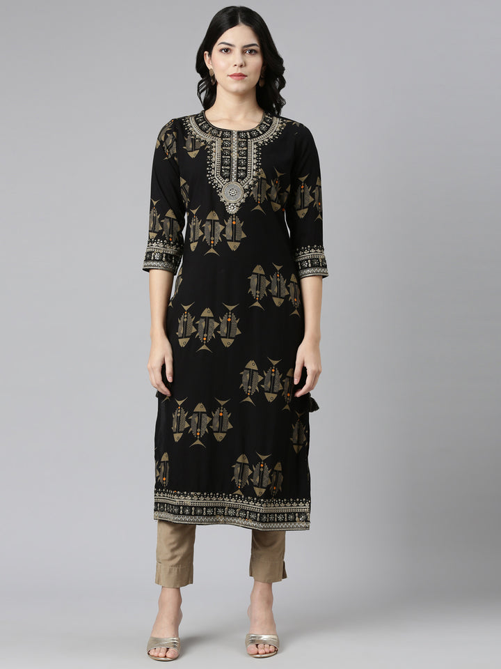 Neerus Black printed straight kurti - front view