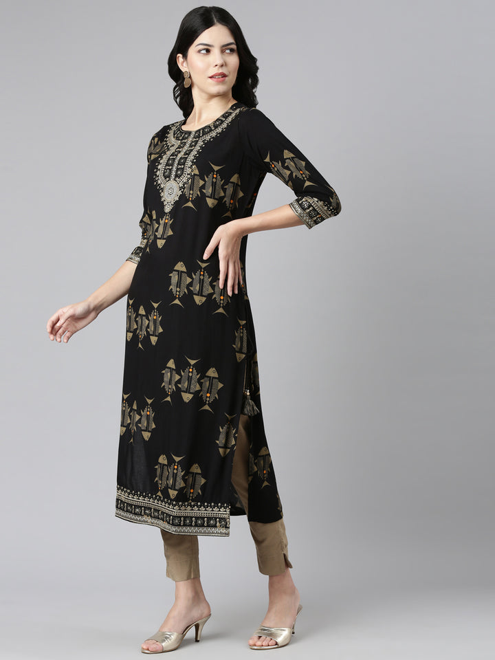 Neerus Black printed straight kurti - back view