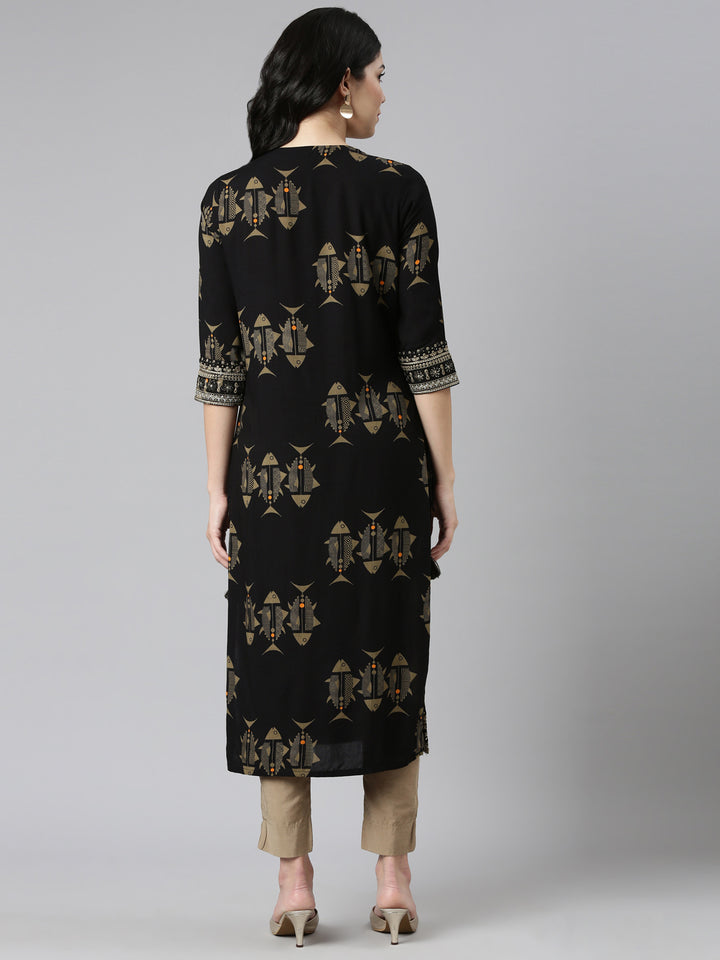 Neerus Black printed straight kurti - side view
