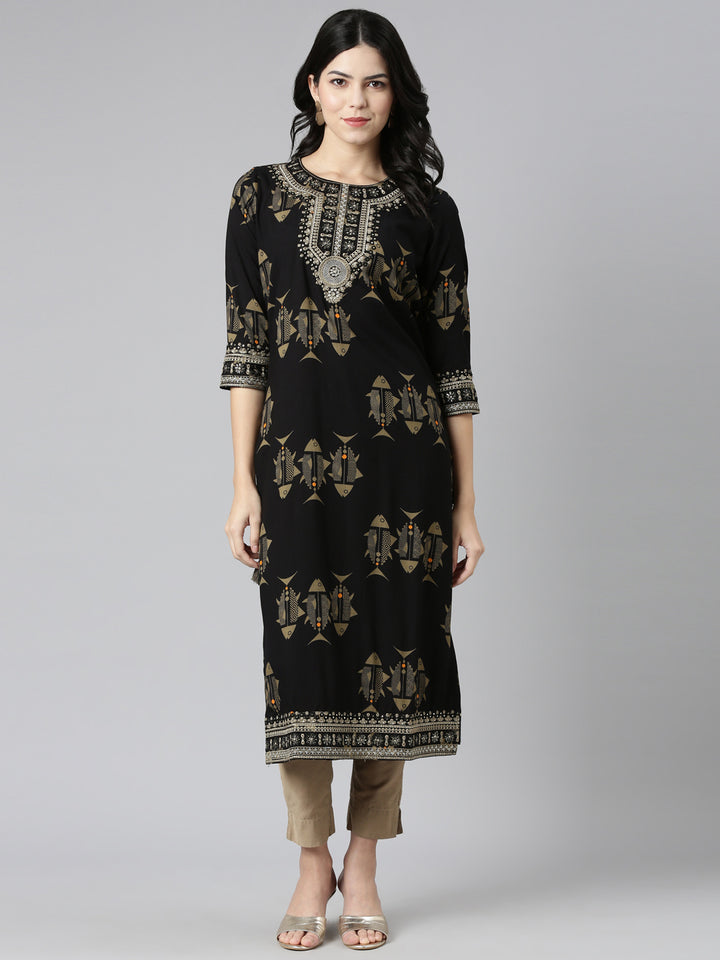 Neerus Black printed straight kurti - detail view 2