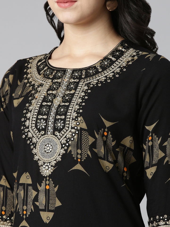 Neerus Black printed straight kurti - detail view 1
