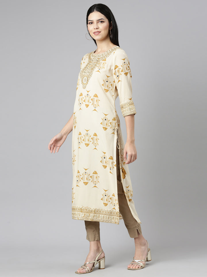 Neerus Cream Regular Straight Printed Kurta