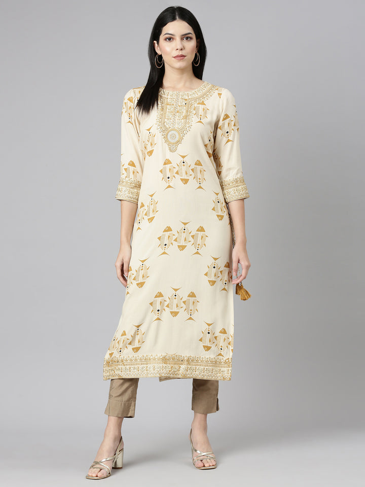 Neerus Cream Regular Straight Printed Kurta