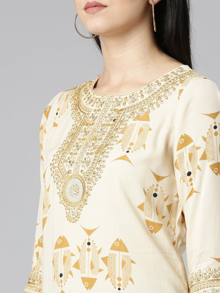 Neerus Cream Regular Straight Printed Kurta