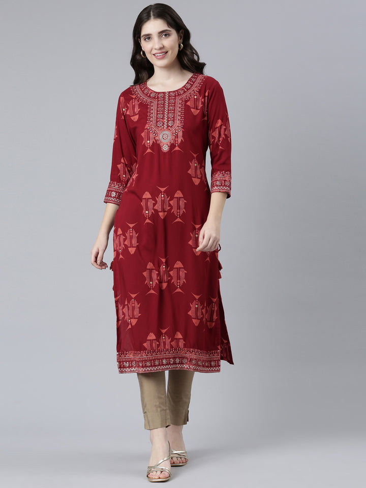 Neerus Maroon printed straight kurti - front view