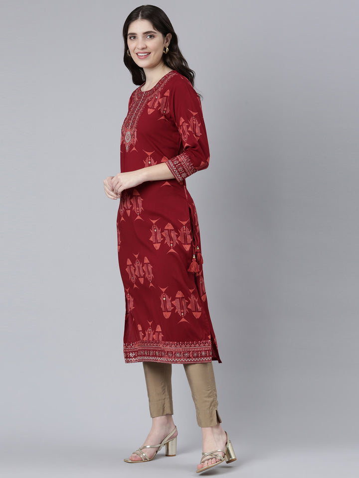 Neerus Maroon printed straight kurti - back view