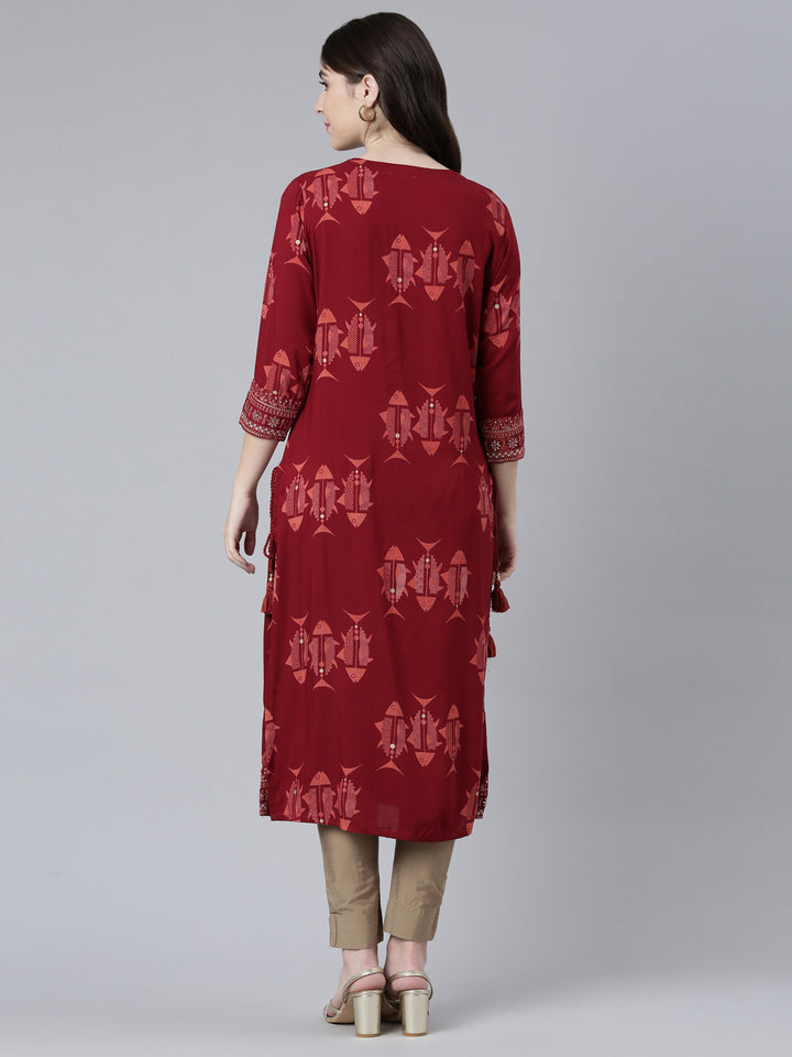 Neerus Maroon printed straight kurti - side view