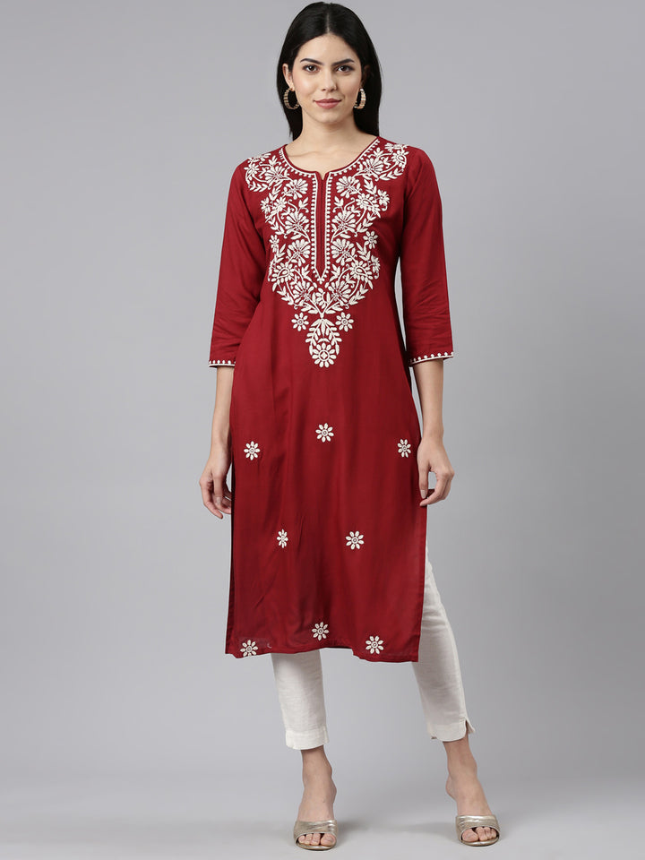 Neerus Maroon embroidered straight kurti - front view