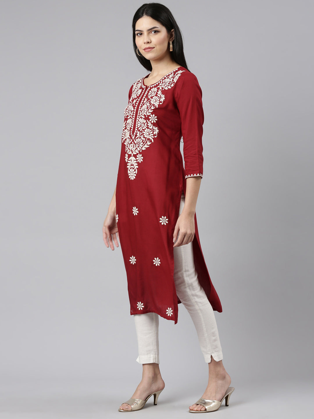 Neerus Maroon embroidered straight kurti - back view