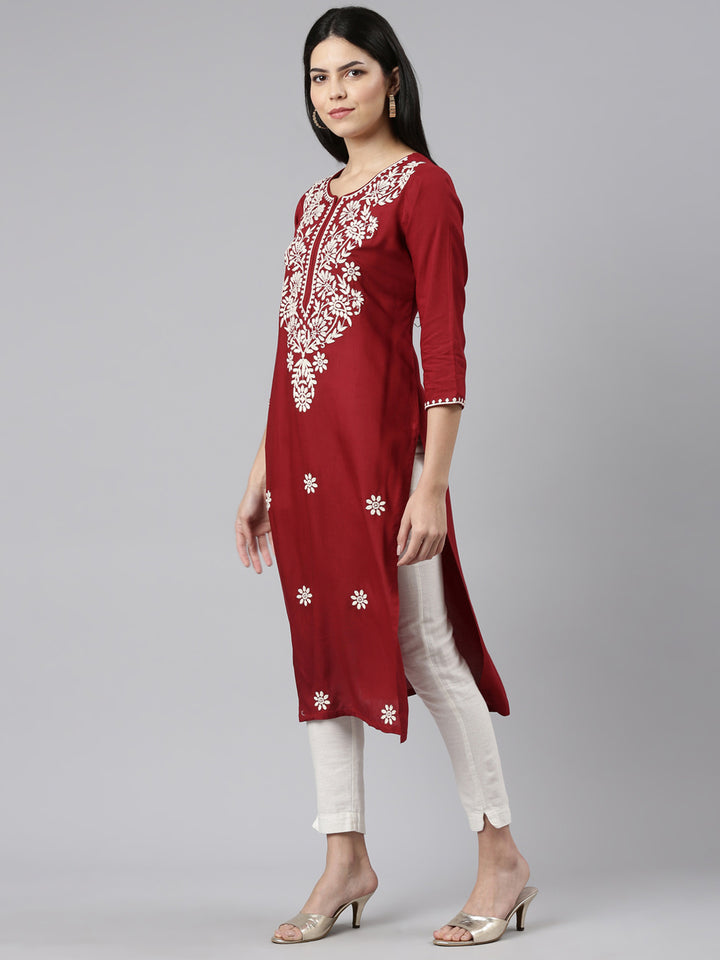 Neerus Maroon embroidered straight kurti - back view
