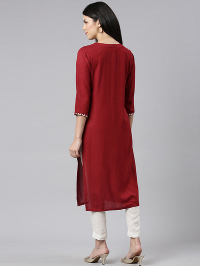Neerus Maroon Regular Straight Embroidered Kurtas
