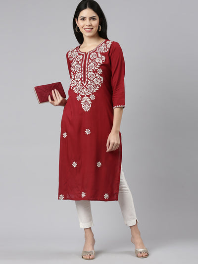 Neerus Maroon Regular Straight Embroidered Kurtas