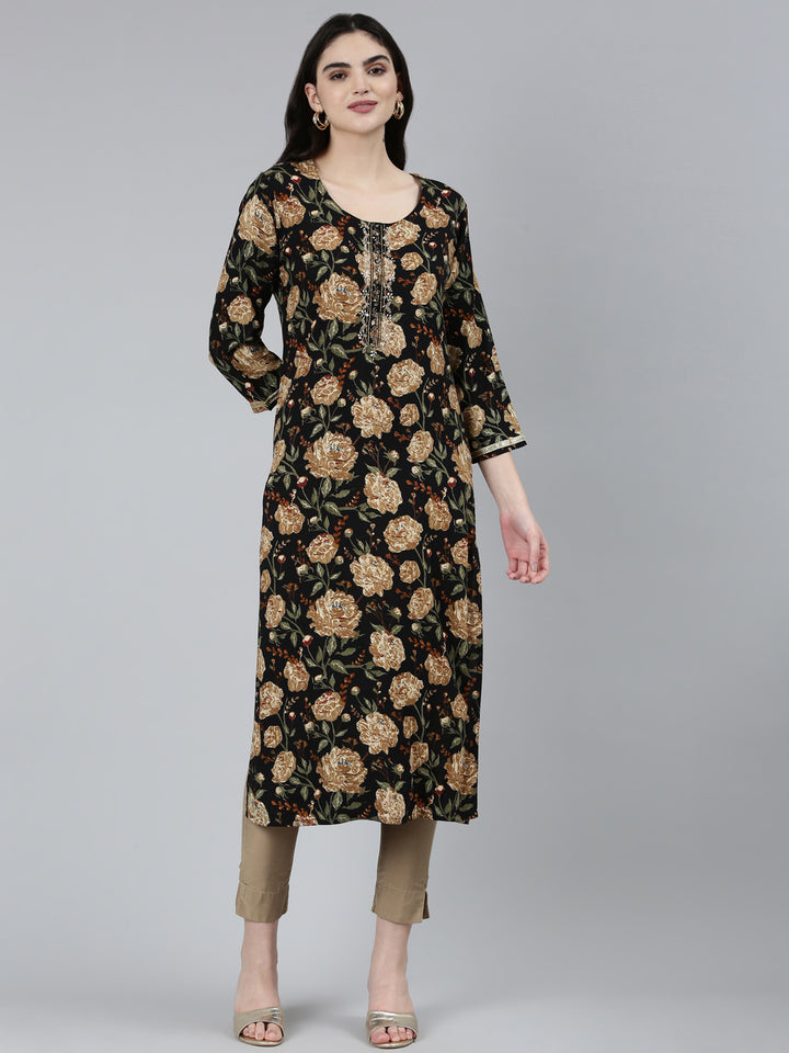 Neerus Black floral printed straight kurti - front view