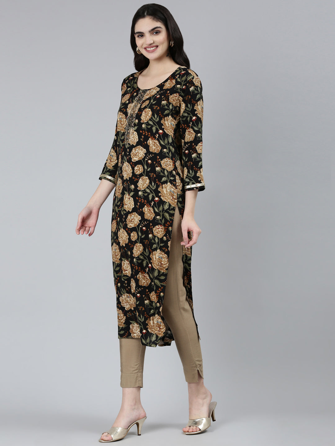 Neerus Black floral printed straight kurti - back view