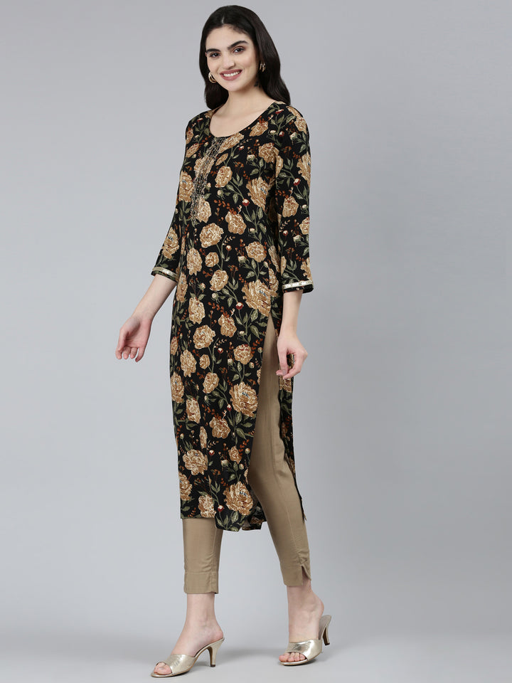 Neerus Black floral printed straight kurti - back view