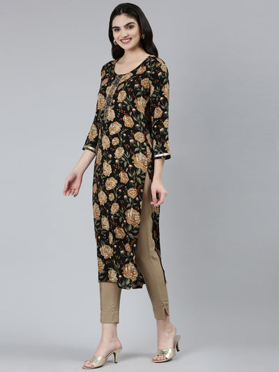Neerus Black Regular Straight Floral Kurtas