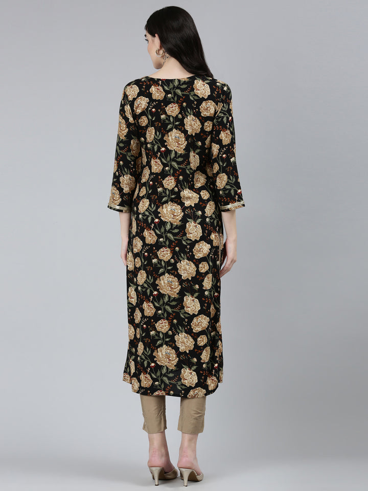 Neerus Black floral printed straight kurti - side view