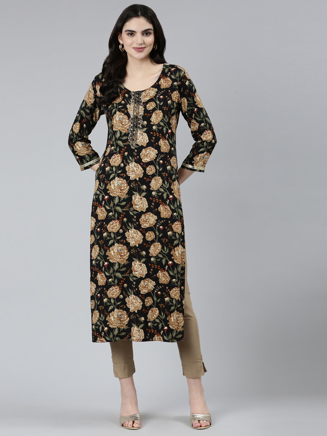 Neerus Black floral printed straight kurti - detail view 1