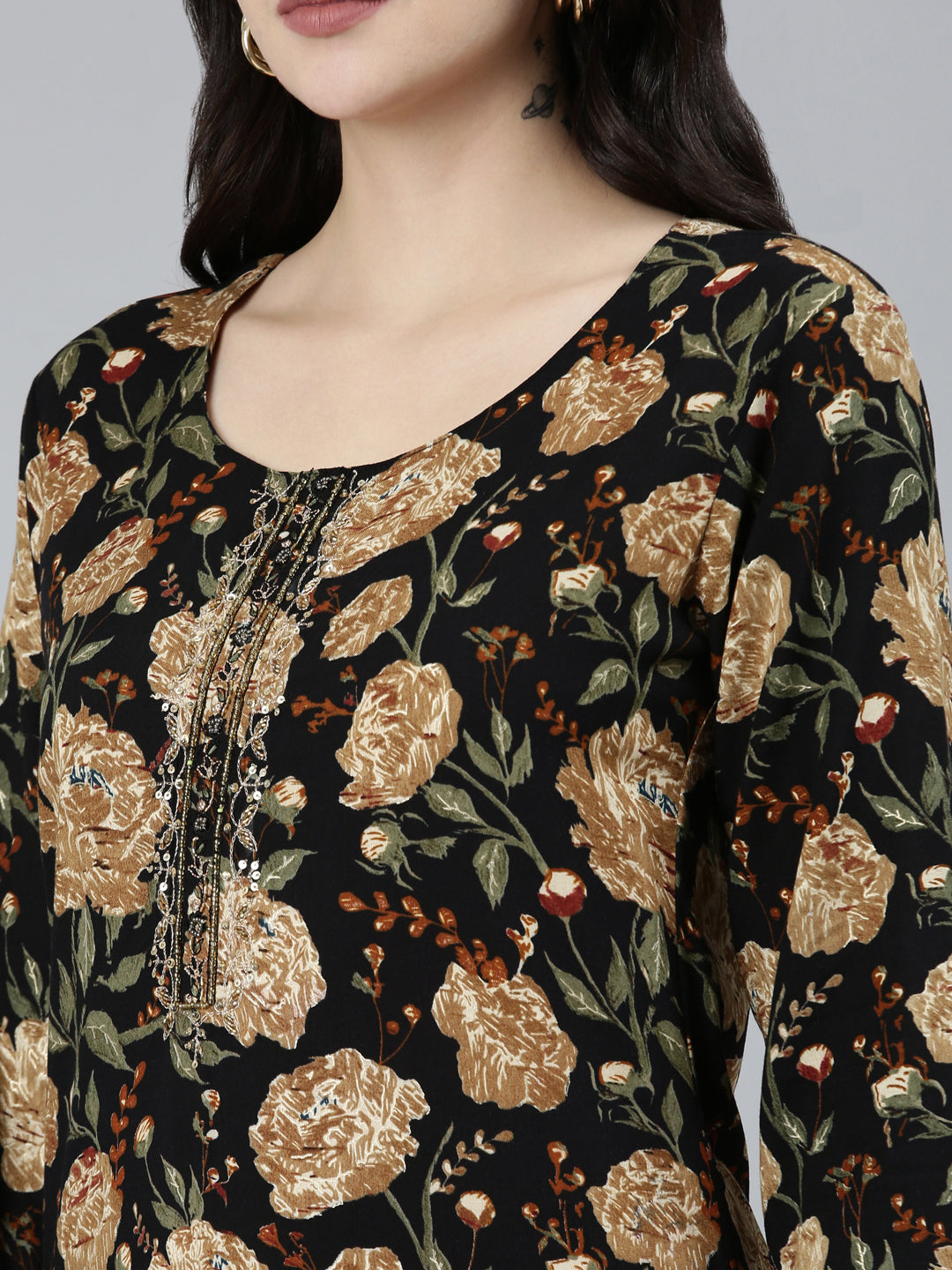 Neerus Black floral printed straight kurti - detail view 2