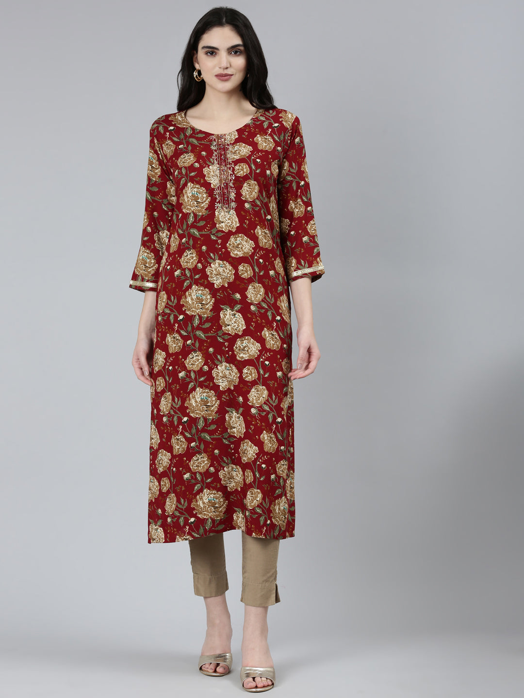 Neerus Maroon floral printed straight kurti - front view